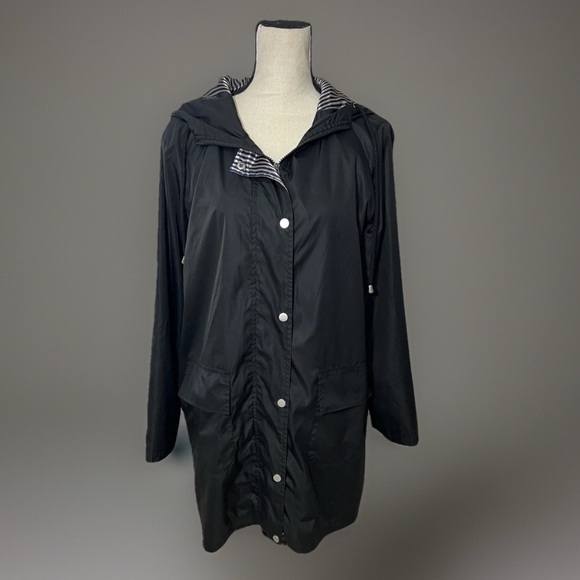 Women Black Rain Coat Jacket Size L Hooded Pockets Zip Snap Outdoor windbreaker - Picture 2 of 9